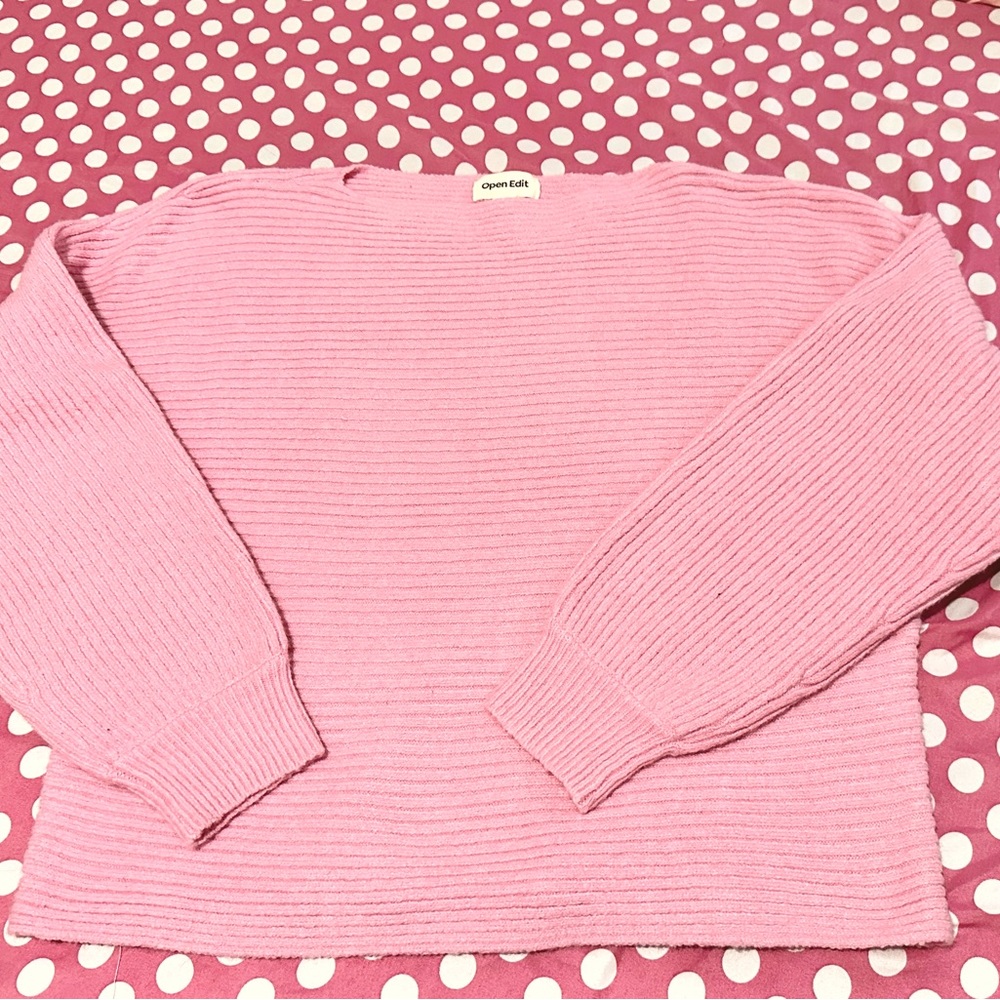 Open Edit Ribbed Cotton Wool Blend Bateau Neckline Sweater